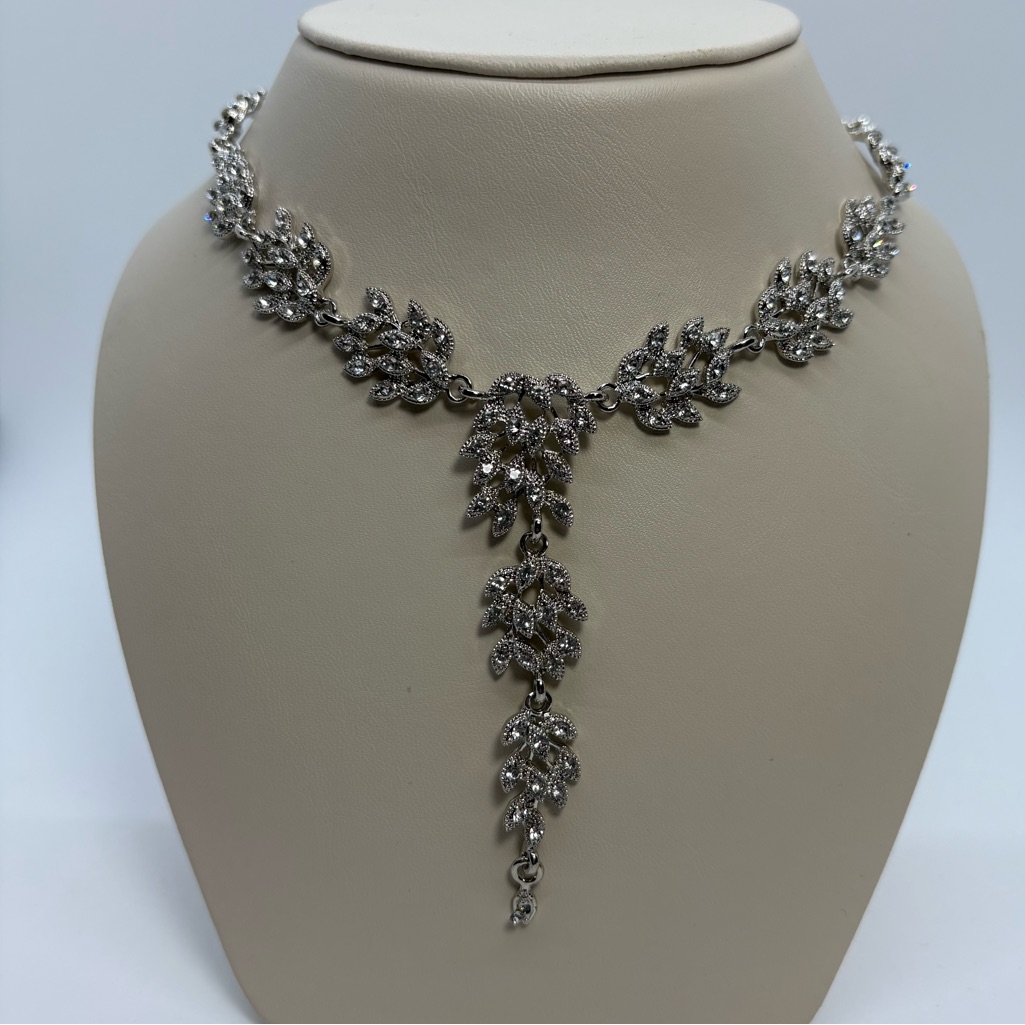 Bridal Leaves Cubic Zirconia Y Lariat Necklace Earring Jewelry Set Brand New